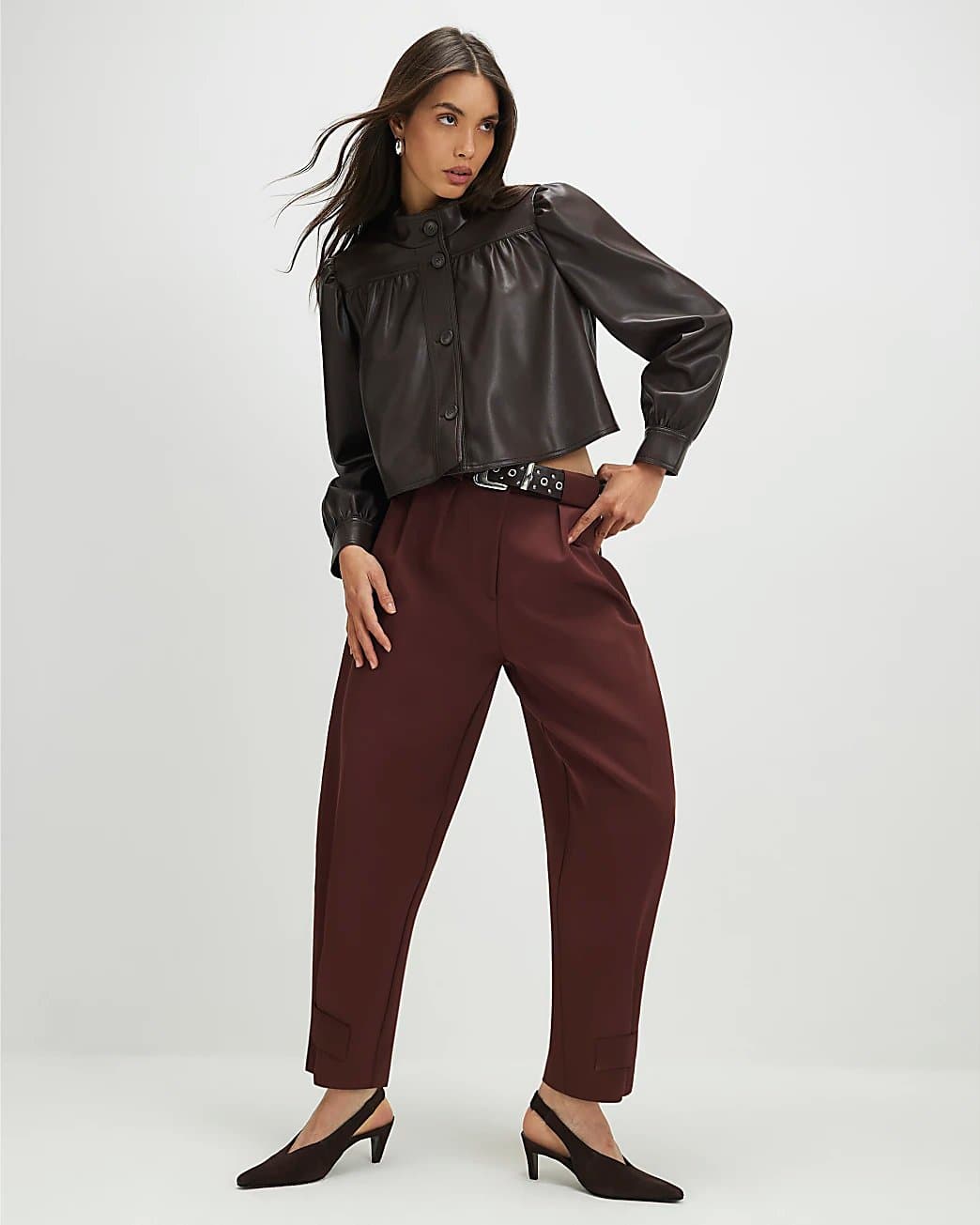 River Island River Island Womens Brown Faux Leather Gathered Sleeve Jacket