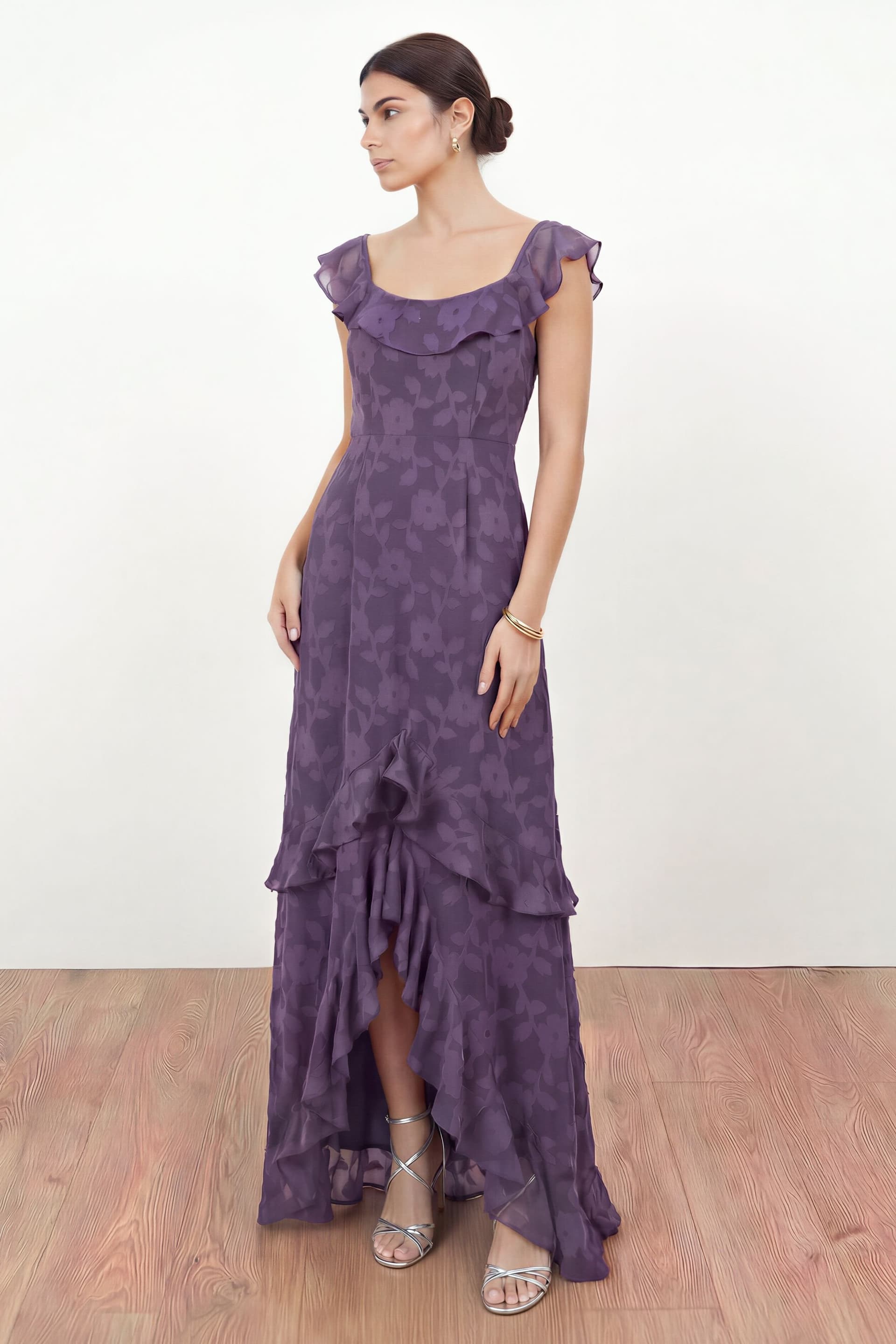 Anaya with Love Anaya with Love Women's Floral Burnout Ruffle Maxi Dress in Purple