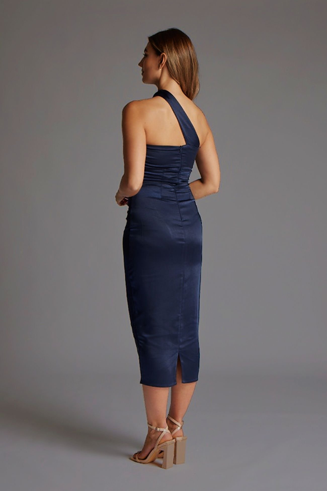 Vesper Vesper Women's Asymmetric Satin Midaxi Dress in Navy - 4