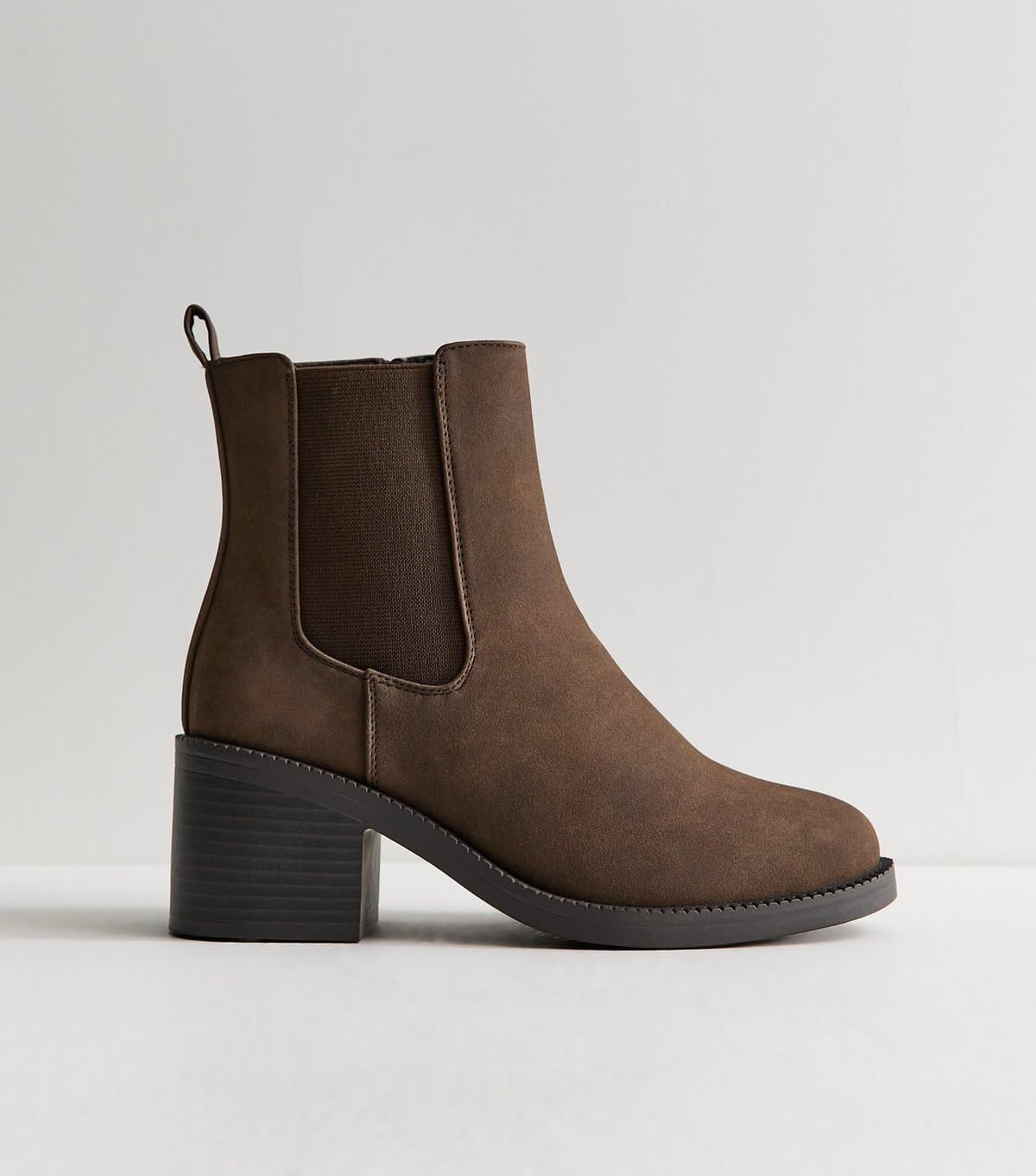 New Look Women's Wide Fit Dark Brown Faux Leather Heeled Chelsea Boots Vegan New Look