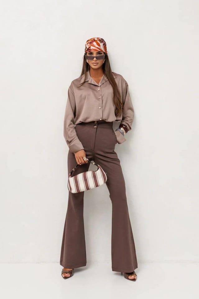 Love Lace Love Lace Women's MADDIE Satin Long Sleeve Shirt Fango in Brown - 2