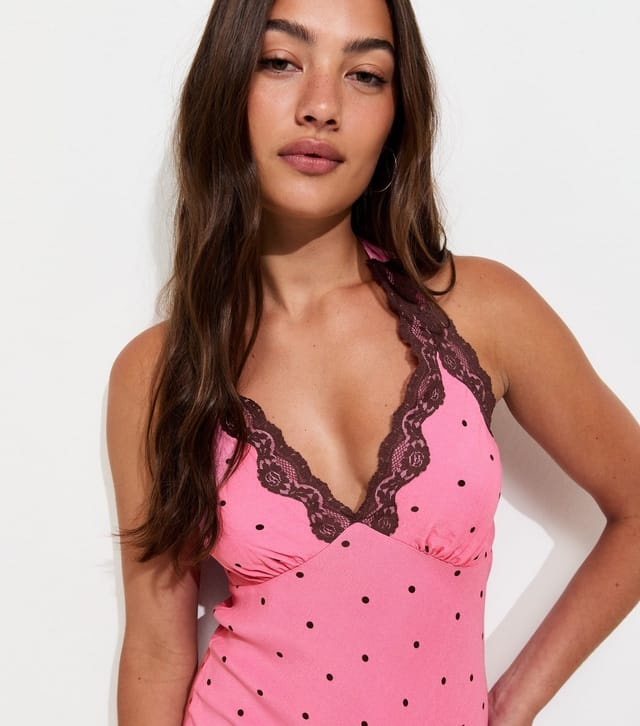 New Look Women's Pink Dot Print Halter Lace V Neck Mini Dress New Look - 2