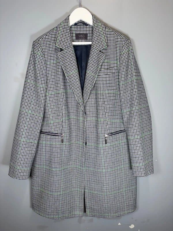 M&S Collection M&S Houndstooth Coat UK 14 Navy Green White Wool Blend Long Jacket Zip Pockets