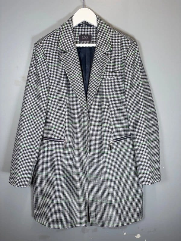 M&S Collection M&S Houndstooth Coat UK 14 Navy Green White Wool Blend Long Jacket Zip Pockets - 1