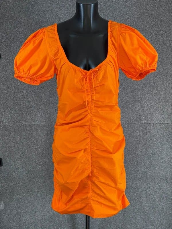 Ganni Ganni Vibrant Orange Organic Cotton Mini Dress UK 12 Ruched Puff Sleeve