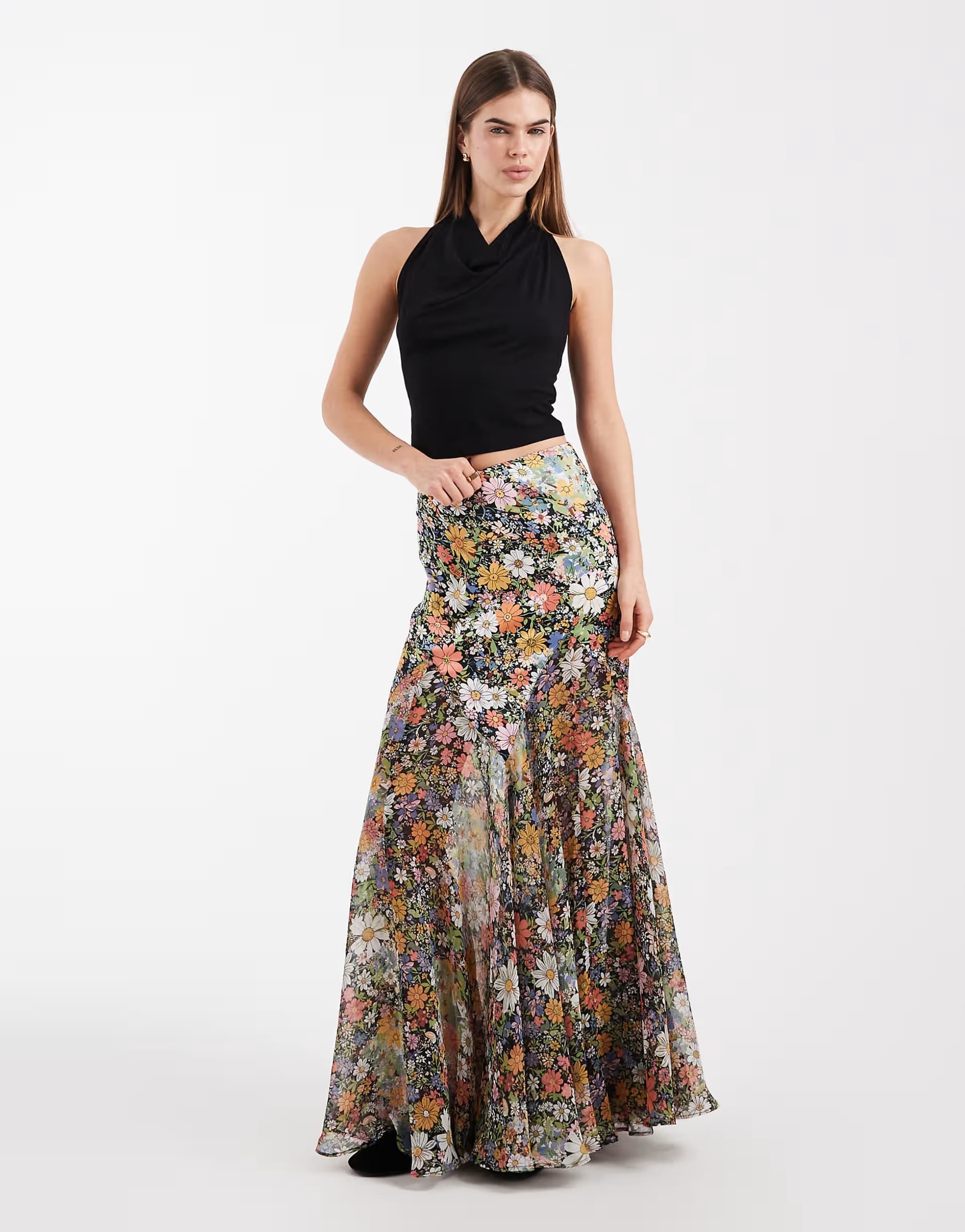 ASOS ASOS DESIGN satin and chiffon mix fishtail skirt in floral print