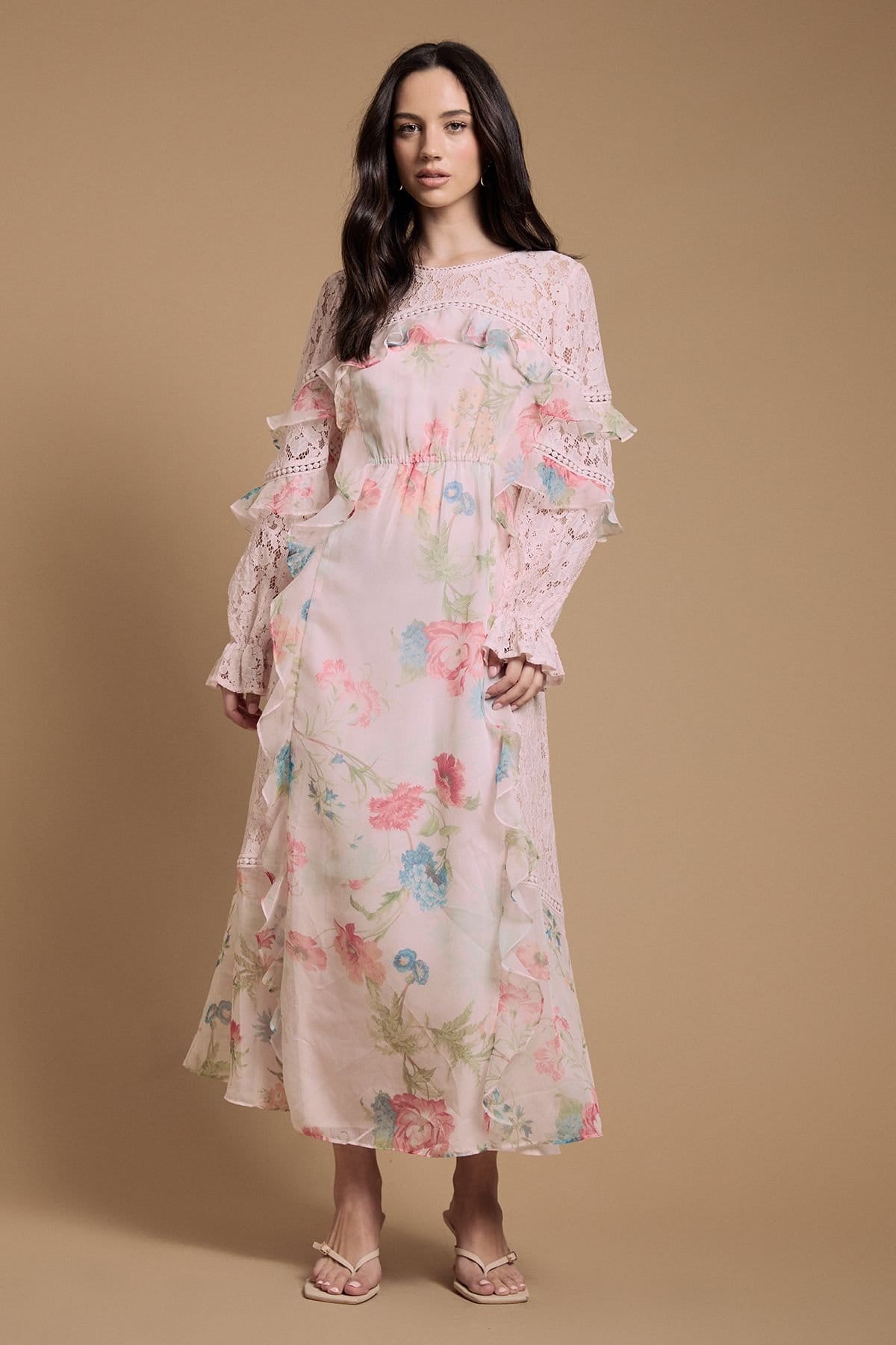 Oasis Oasis Women's Lace Mix Frill Midaxi Dress in Pale Pink - 1