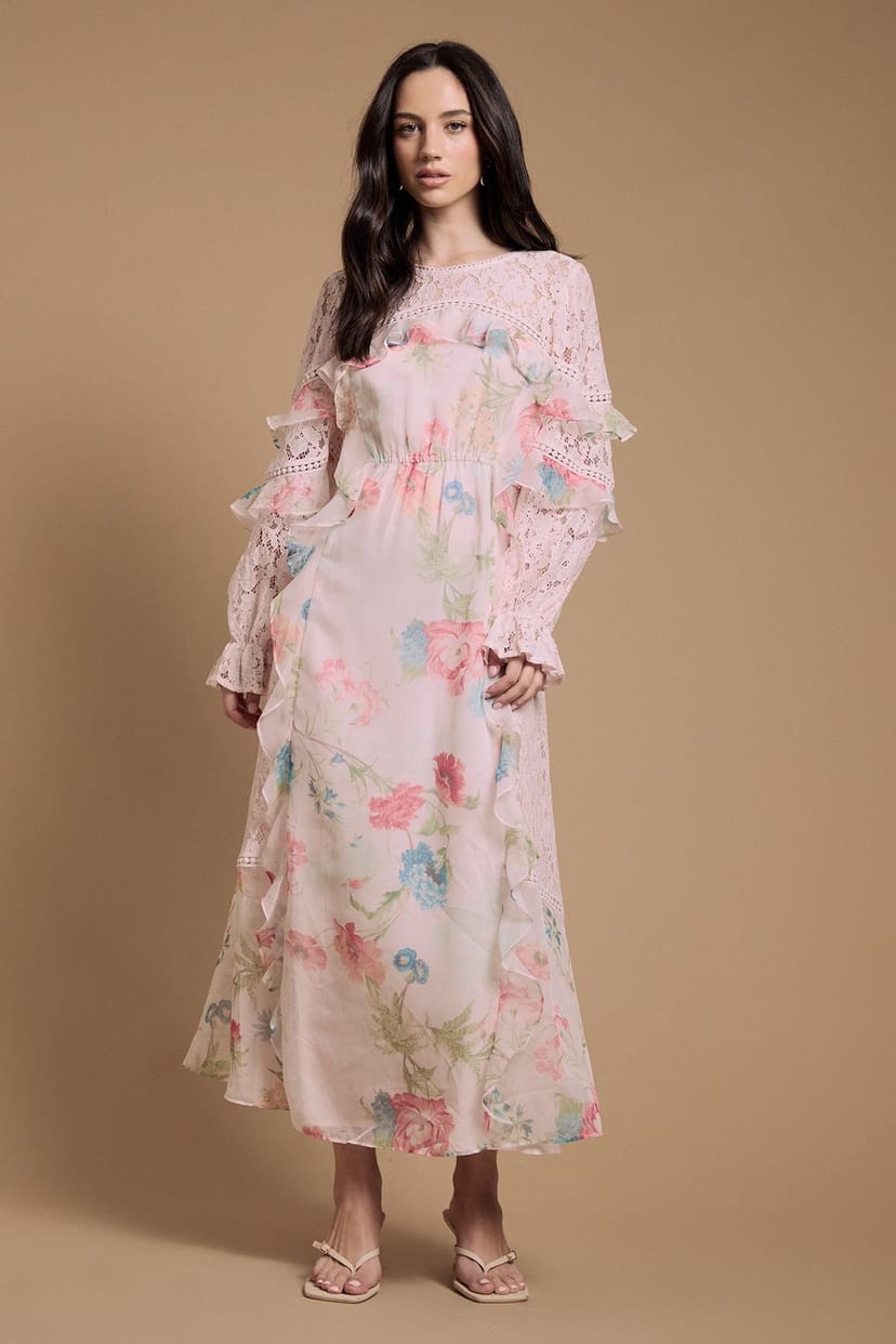 Oasis Oasis Women's Lace Mix Frill Midaxi Dress in Pale Pink - 1