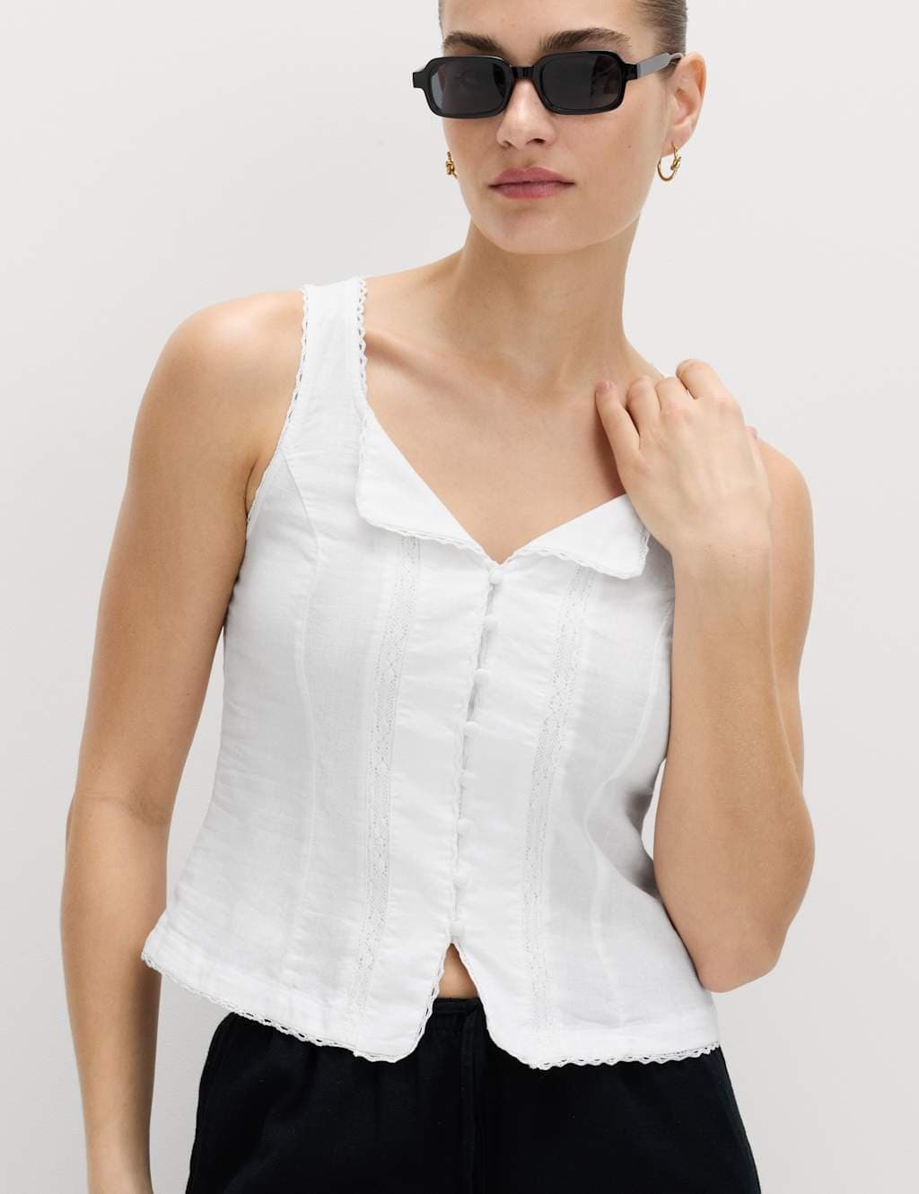 Marks & Spencer M&S White Linen Lace Insert Blouse