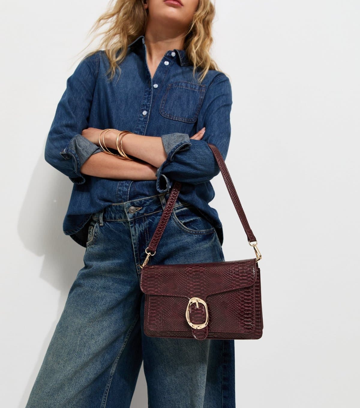 New Look Dark Burgundy Faux Snakeskin Sculpted Buckle Shoulder Bag New Look