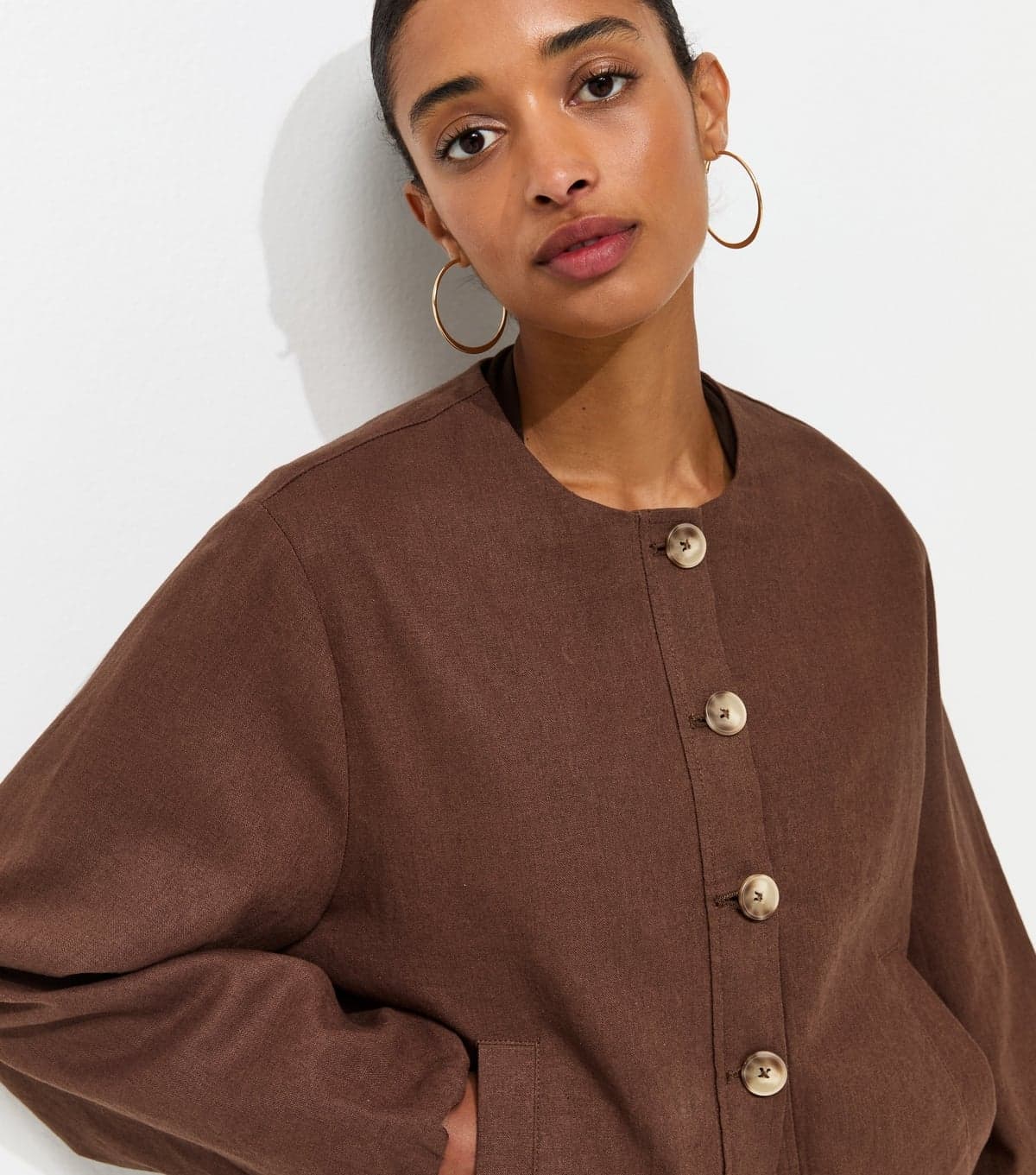 New Look Women's Dark Brown Linen Blend Button Through Bomber Jacket New Look