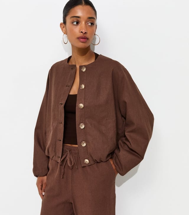 New Look Women's Dark Brown Linen Blend Button Through Bomber Jacket New Look - 2