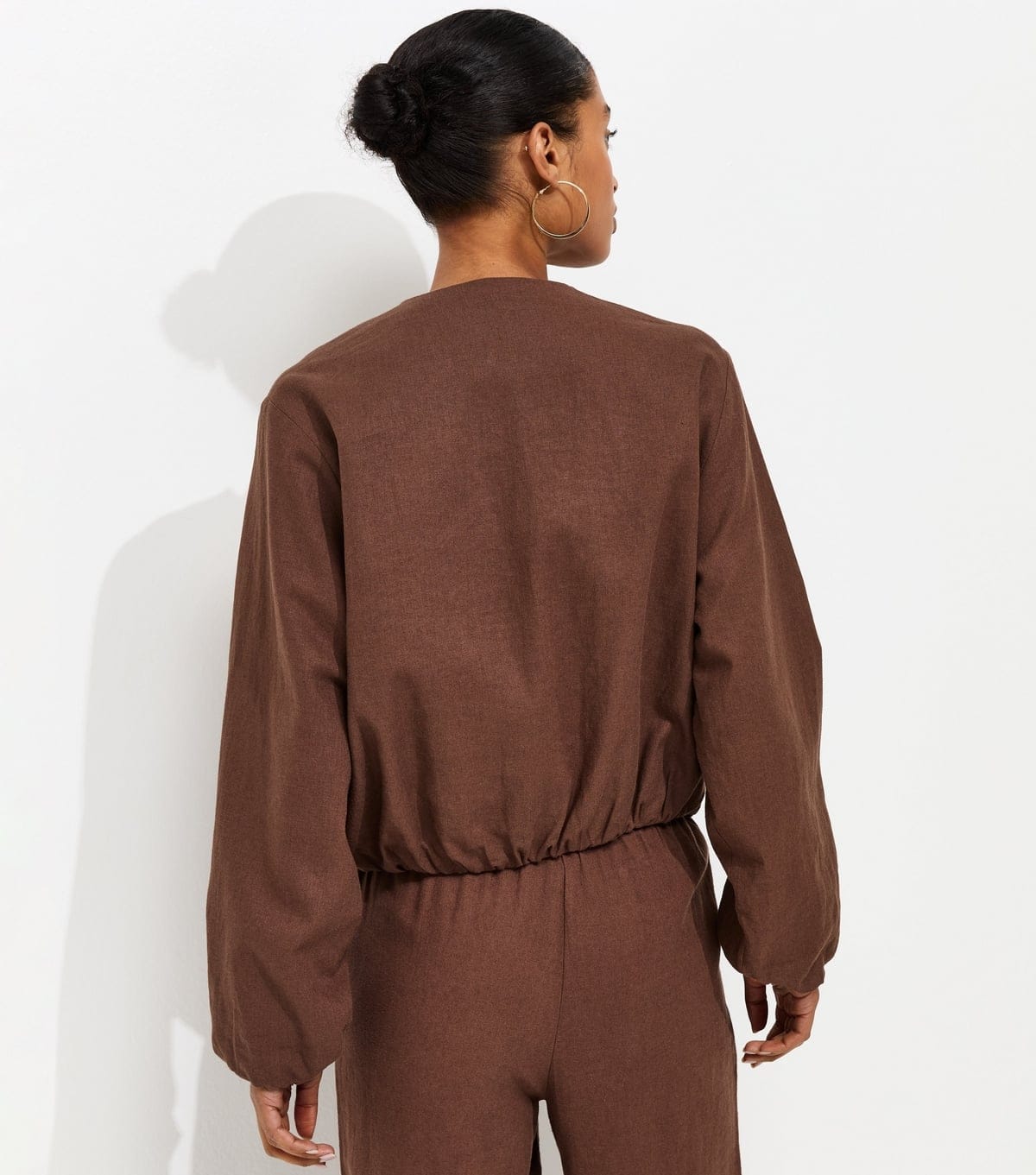 New Look Women's Dark Brown Linen Blend Button Through Bomber Jacket New Look - 4