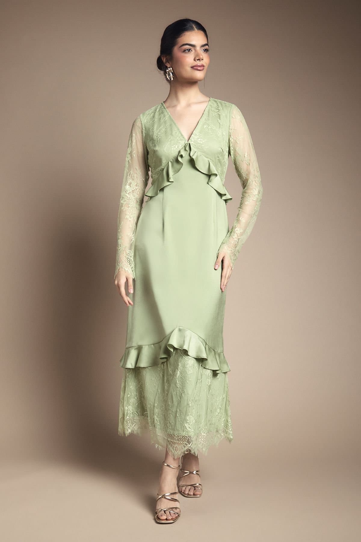 Oasis Oasis Women's Lace Panel Detail Frill Hem Midi Dress in Sage