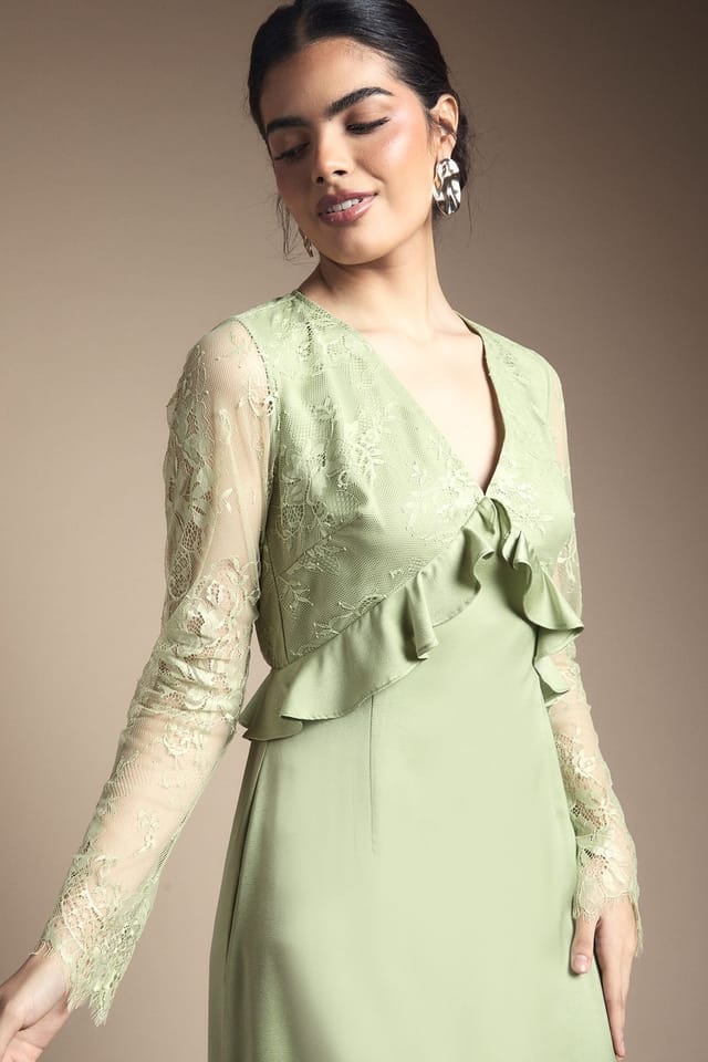 Oasis Oasis Women's Lace Panel Detail Frill Hem Midi Dress in Sage - 2