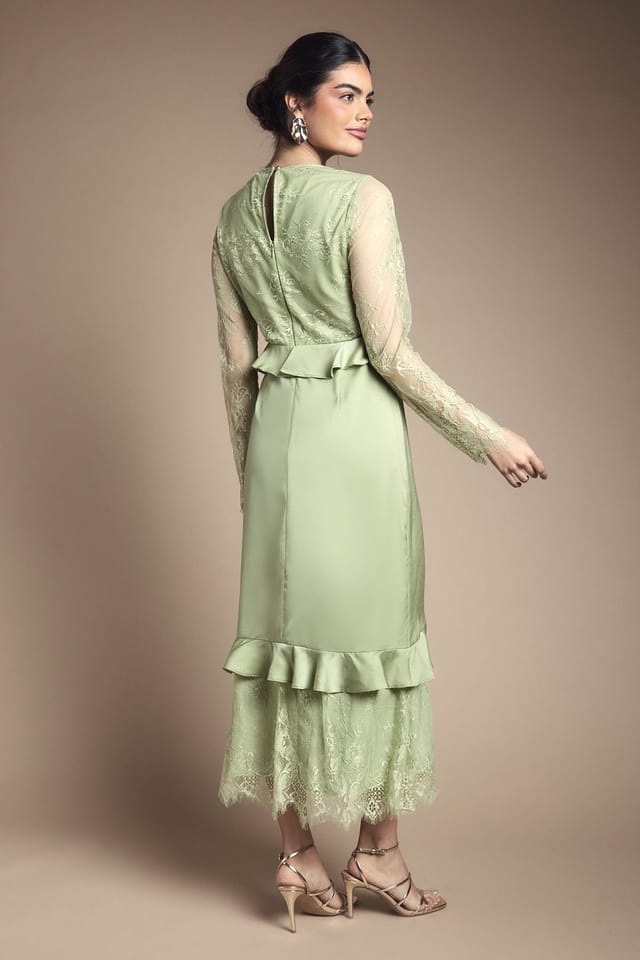 Oasis Oasis Women's Lace Panel Detail Frill Hem Midi Dress in Sage - 3