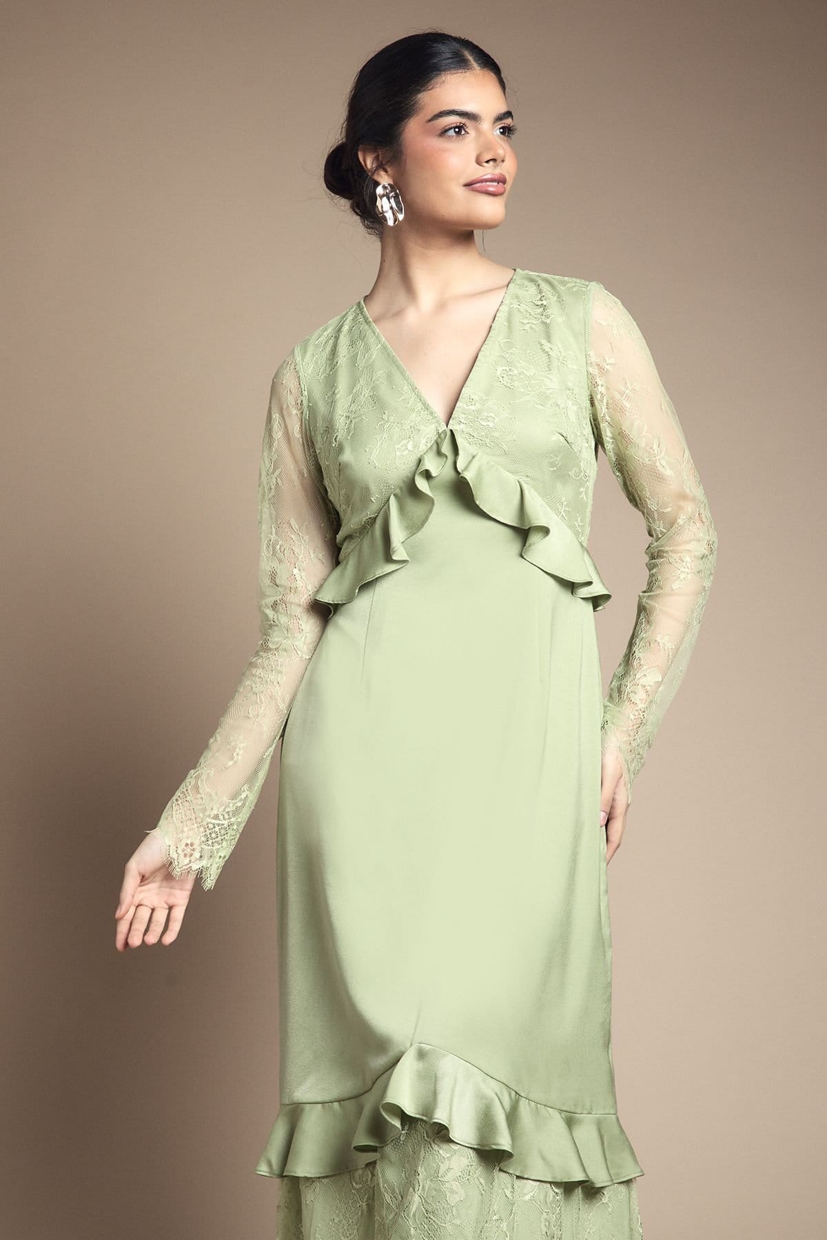 Oasis Oasis Women's Lace Panel Detail Frill Hem Midi Dress in Sage - 4