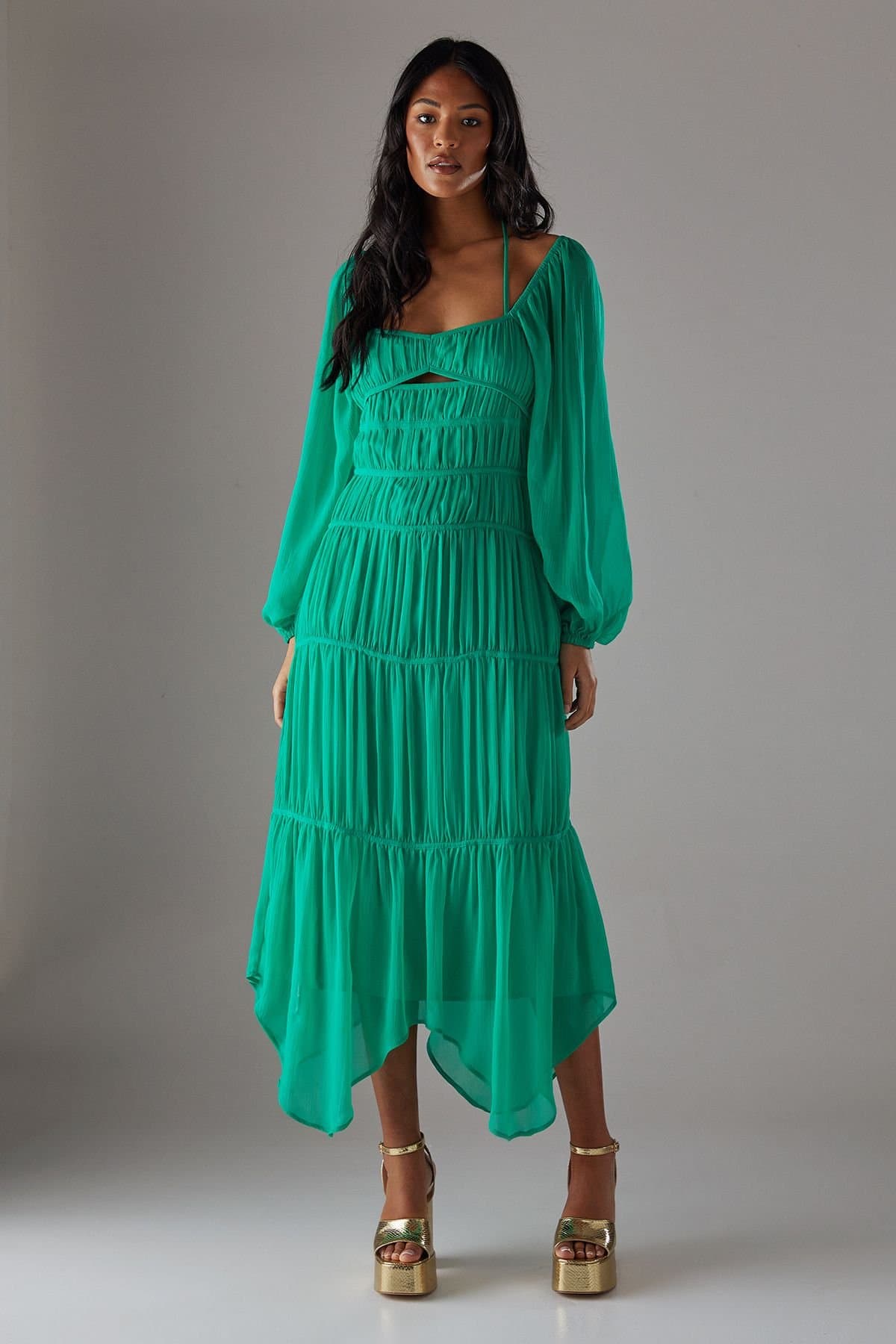 Warehouse Warehouse Women's Chiffon Gathered Seam Halter Tie Hanky Hem Midi Dress in Bright Green