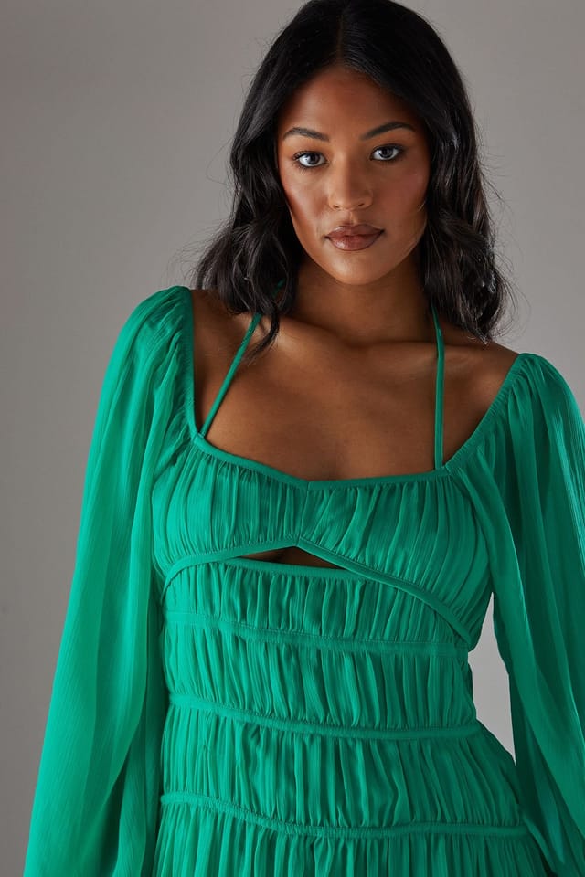 Warehouse Warehouse Women's Chiffon Gathered Seam Halter Tie Hanky Hem Midi Dress in Bright Green - 2