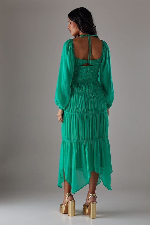 Warehouse Warehouse Women's Chiffon Gathered Seam Halter Tie Hanky Hem Midi Dress in Bright Green - 3