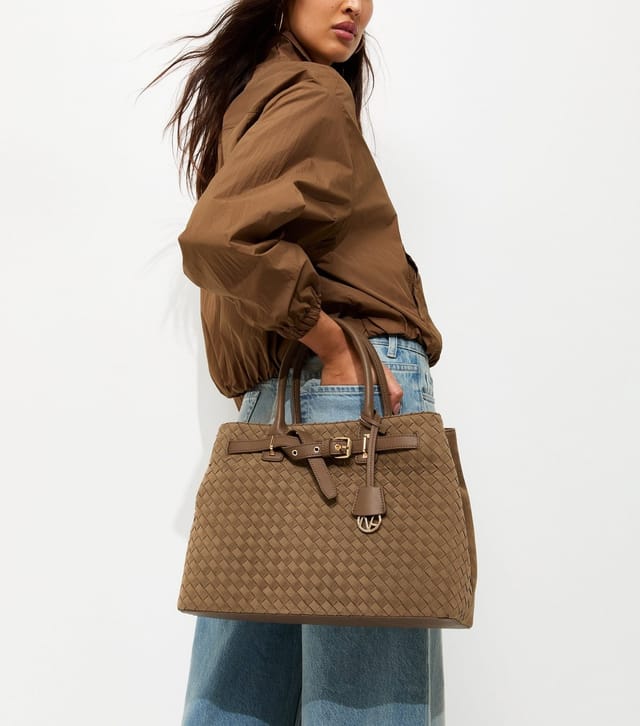 New Look Camel Faux Suede Woven Triple Compartment Tote Bag New Look - 2