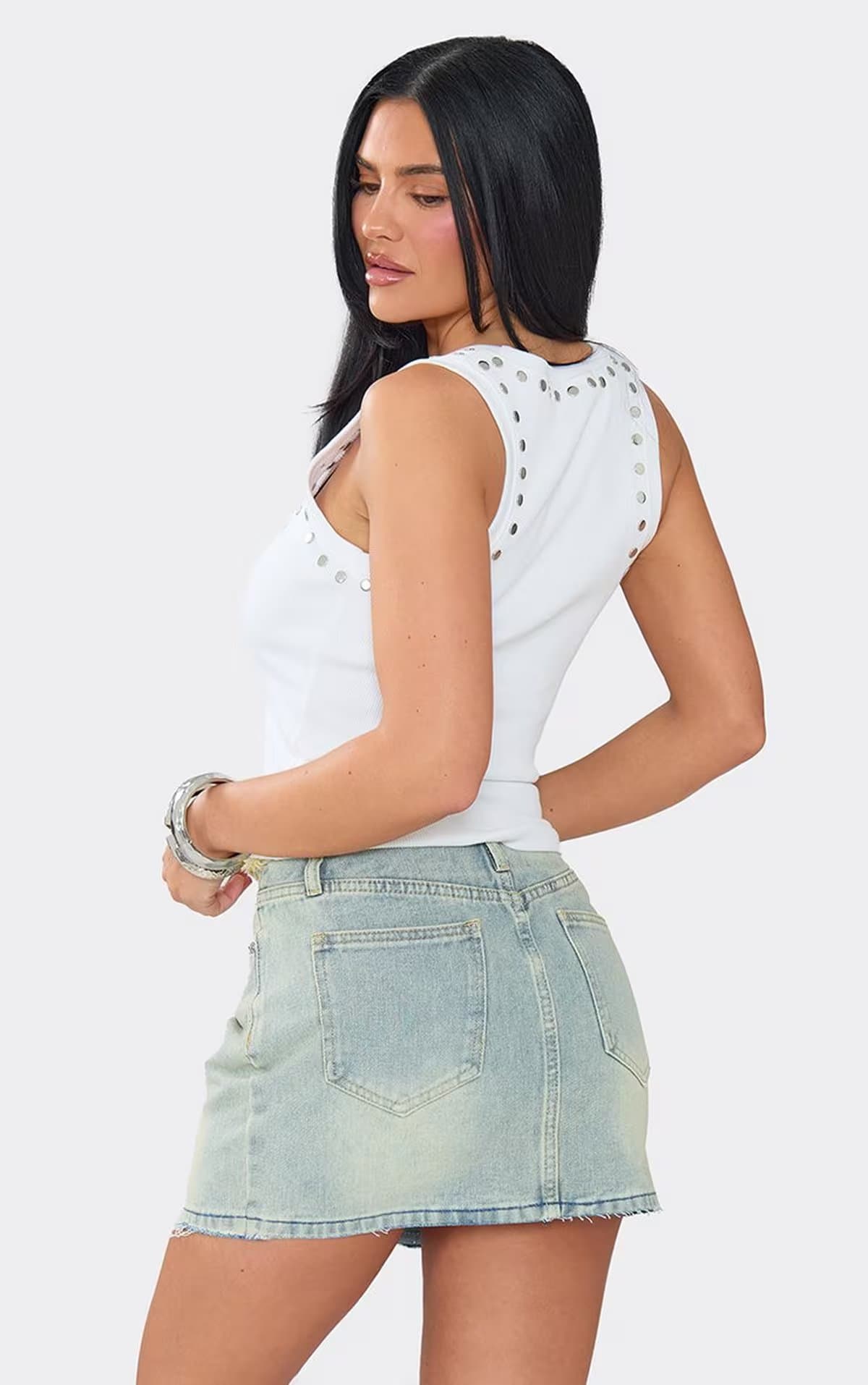 EGO Mid Rise Frayed Waistband Detail Mini Skirt In Light Washed Blue Denim, Women's Size UK 6