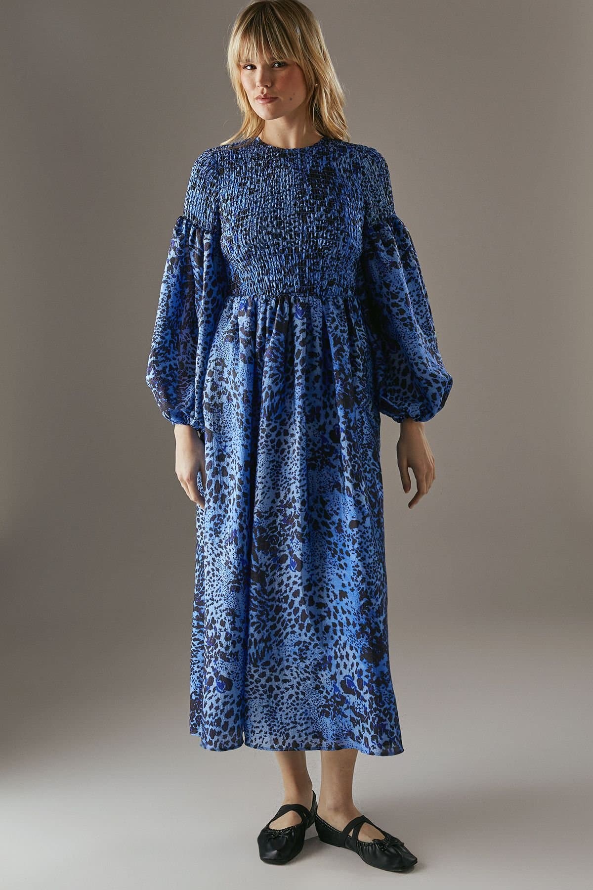 Warehouse Warehouse Women's Printed Textured Organza Shirred Midaxi Dress in Blue