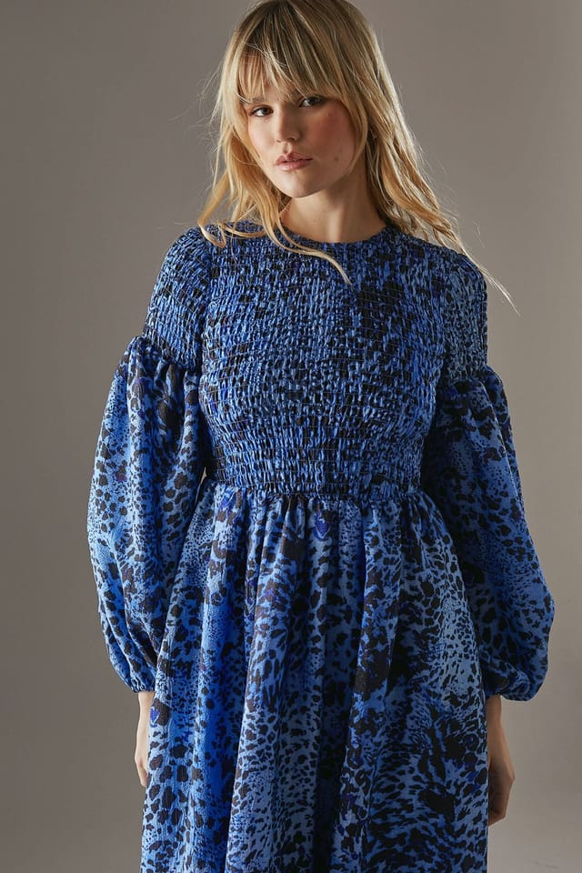 Warehouse Warehouse Women's Printed Textured Organza Shirred Midaxi Dress in Blue - 2