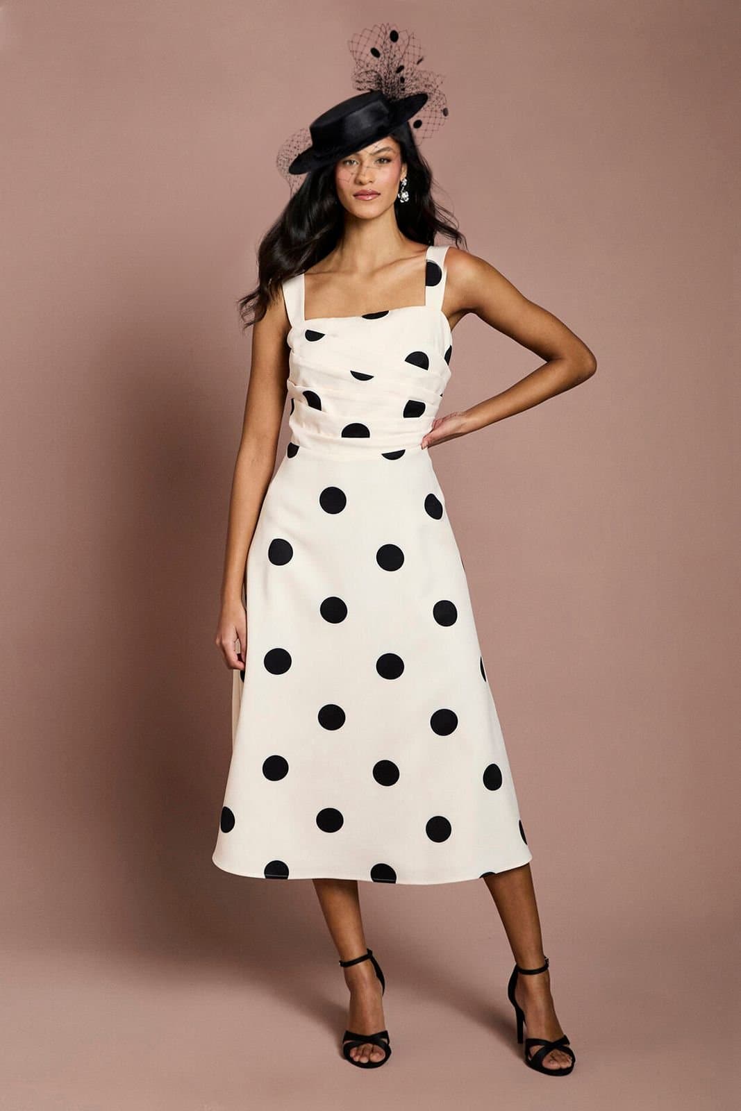 Coast Coast Women's Petite Lisa Tan Spot Print Pleat Full Skirted Detail Midi Dress in Ivory