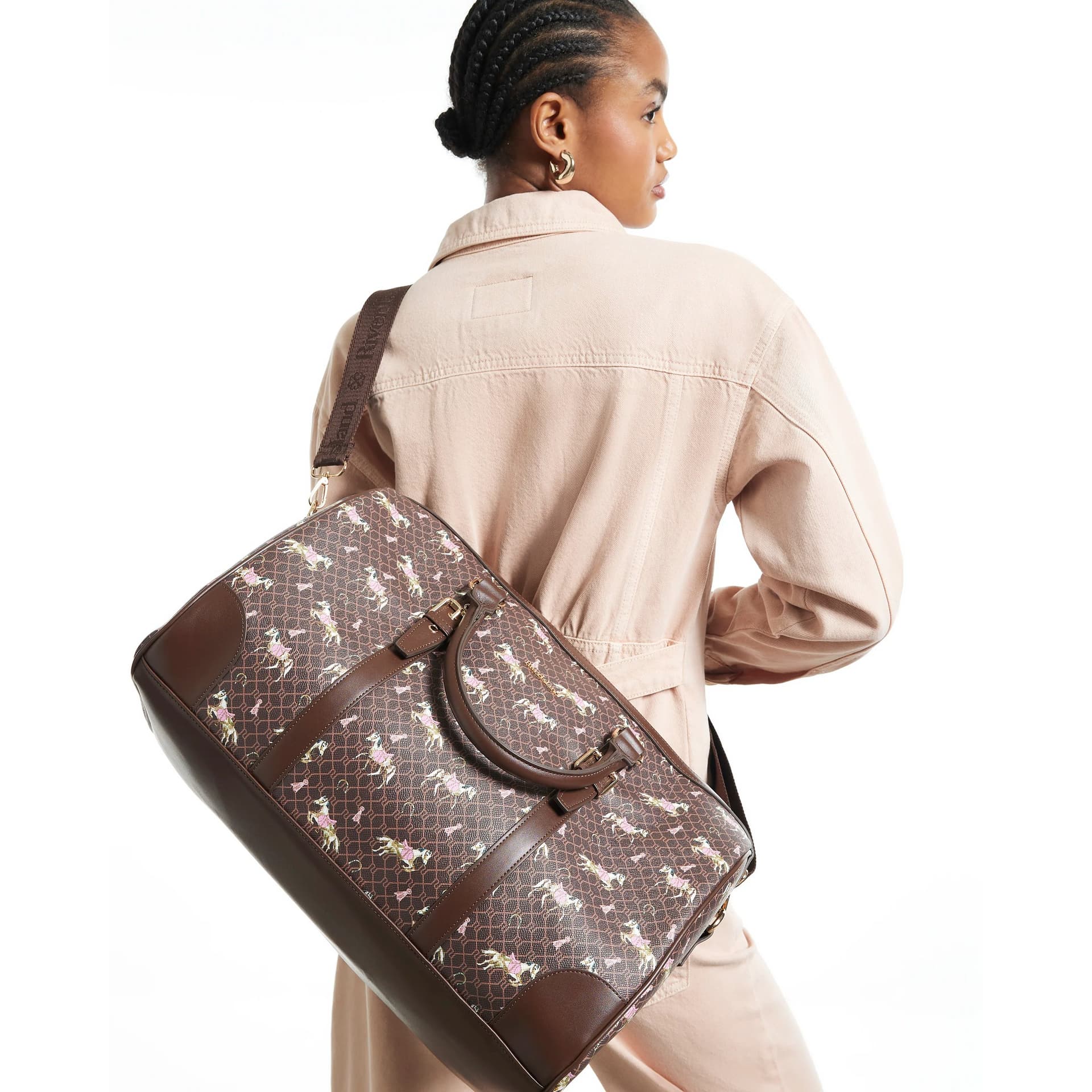 River Island River Island Womens Brown Monogram Horse Print Barrell Bag