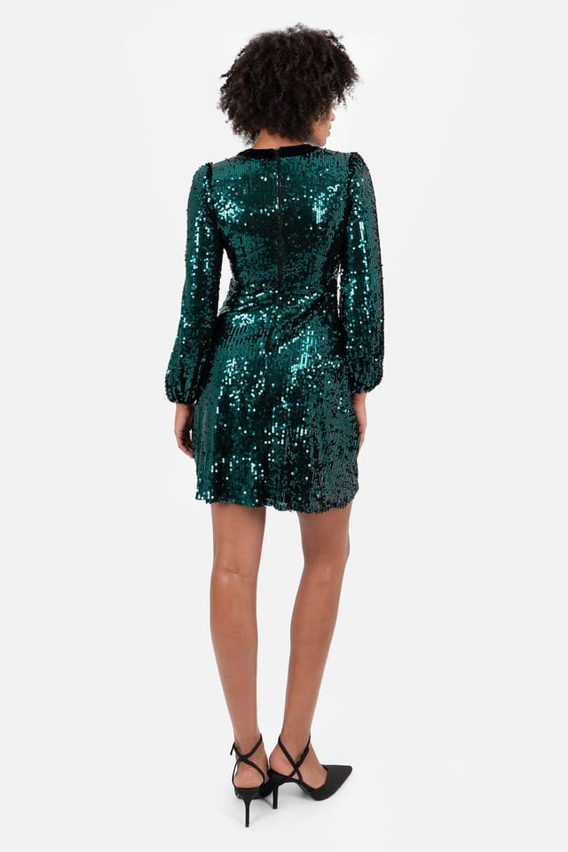 Lovedrobe Lovedrobe Women's Fully Embellished Velvet Bow Detail Mini Dress in Green - 2
