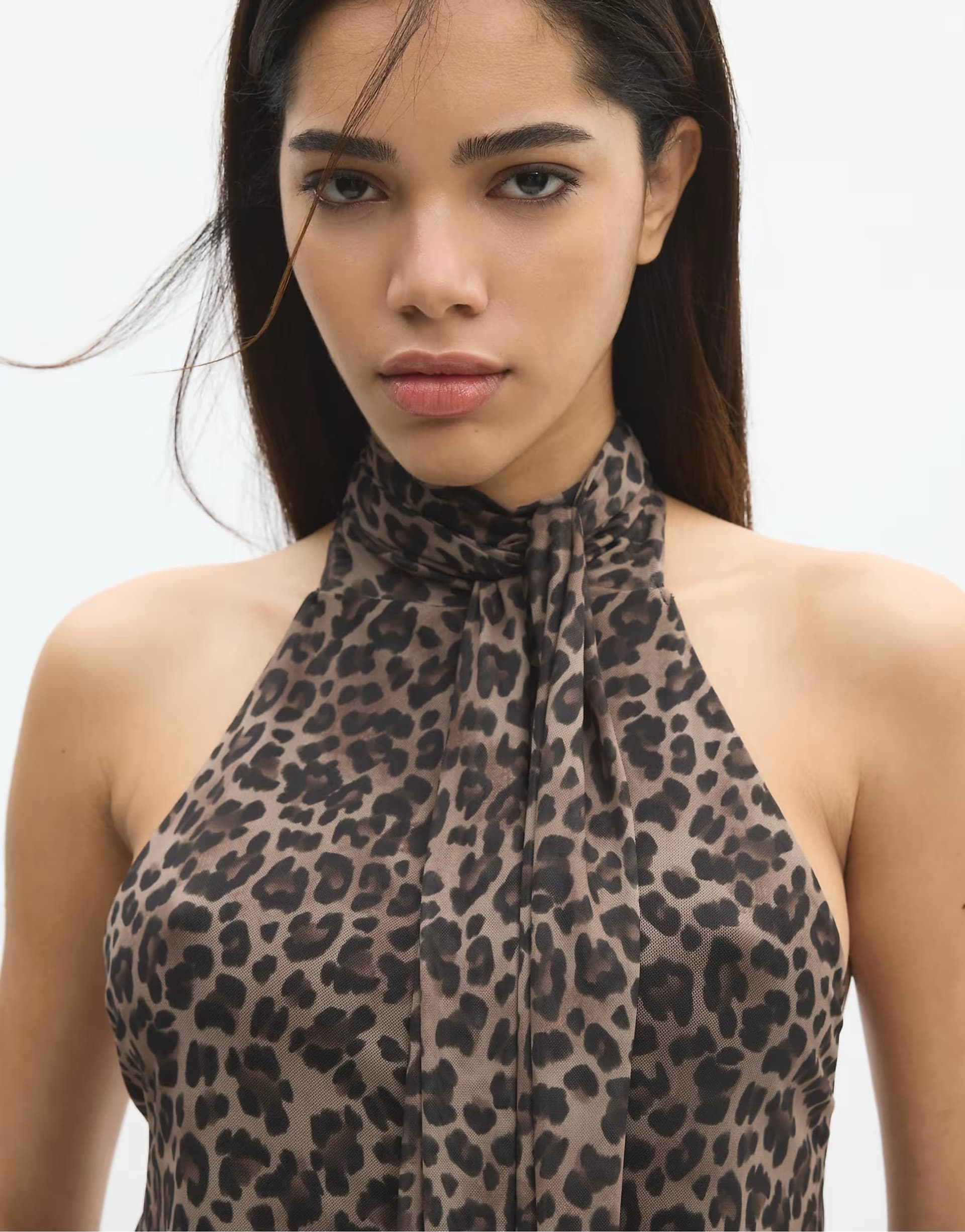 ASOS Stradivarius Printed tulle halter scarf top in mid beige