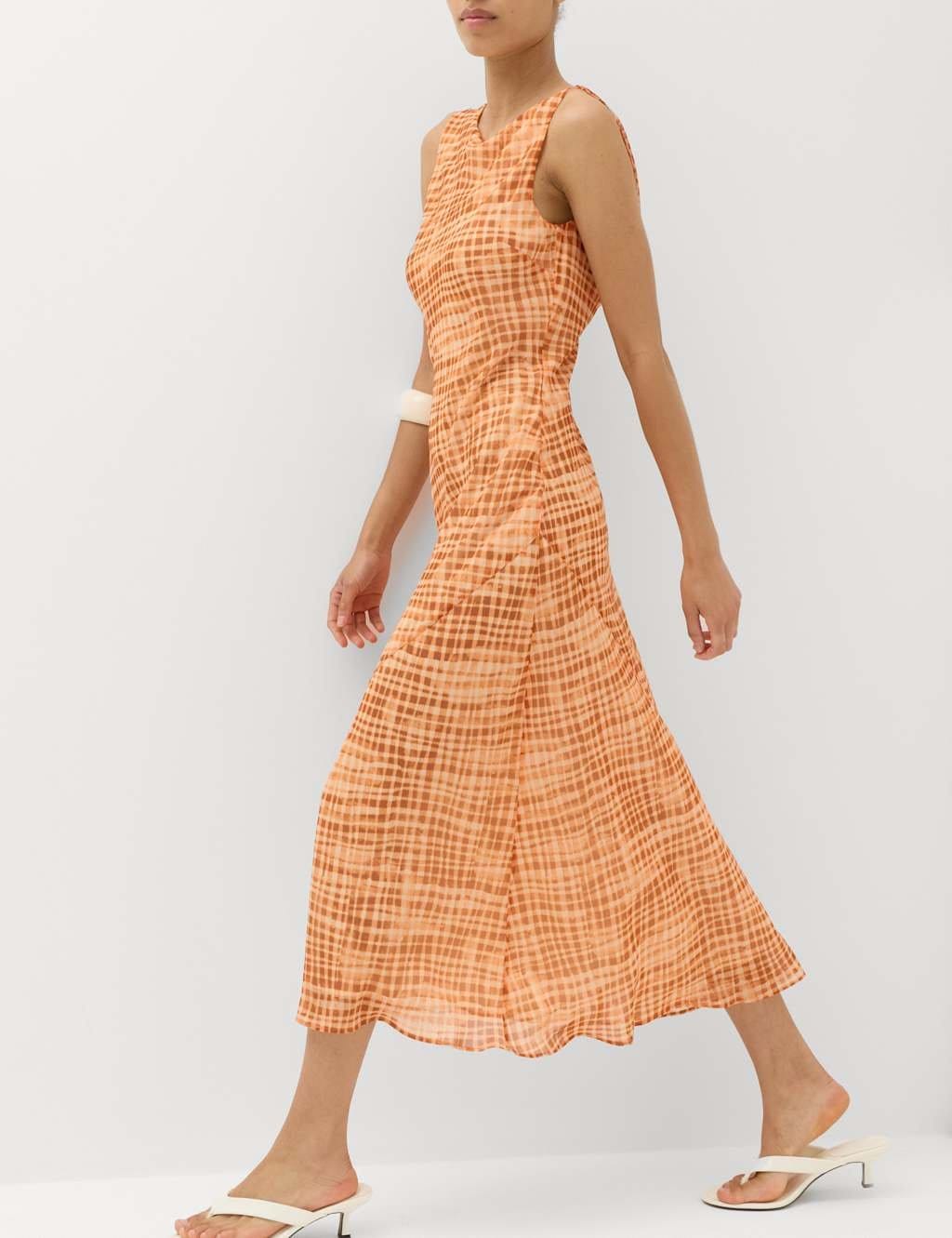 M&S Chiffon Checked Midi Column Dress Orange Mix
