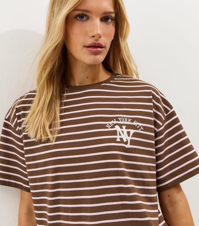 New Look Women's Brown Striped Cotton New York City Logo T-Shirt New Look - 2