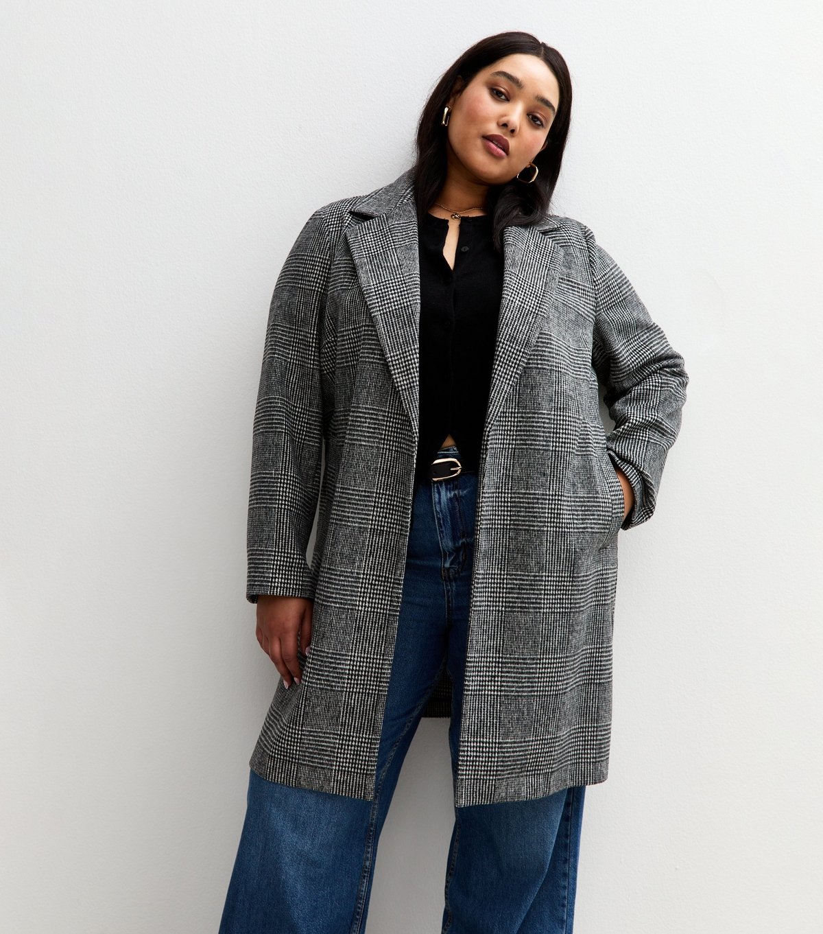 New Look Women's Plus Size Black Check Pattern Unlined Tailored Jacket Curves New Look - 2