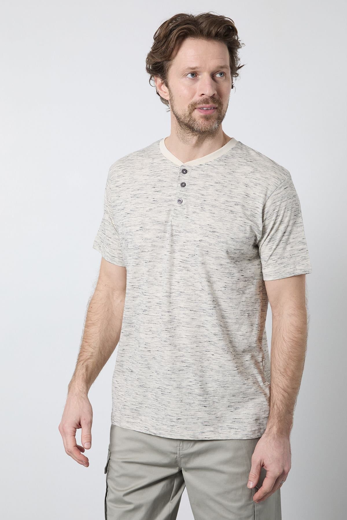 Maine Maine Men's Mid Grey Short Sleeve Slub Grandad Neck T-Shirt