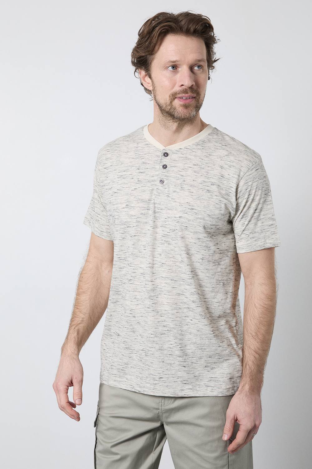 Maine Maine Men's Mid Grey Short Sleeve Slub Grandad Neck T-Shirt - 2