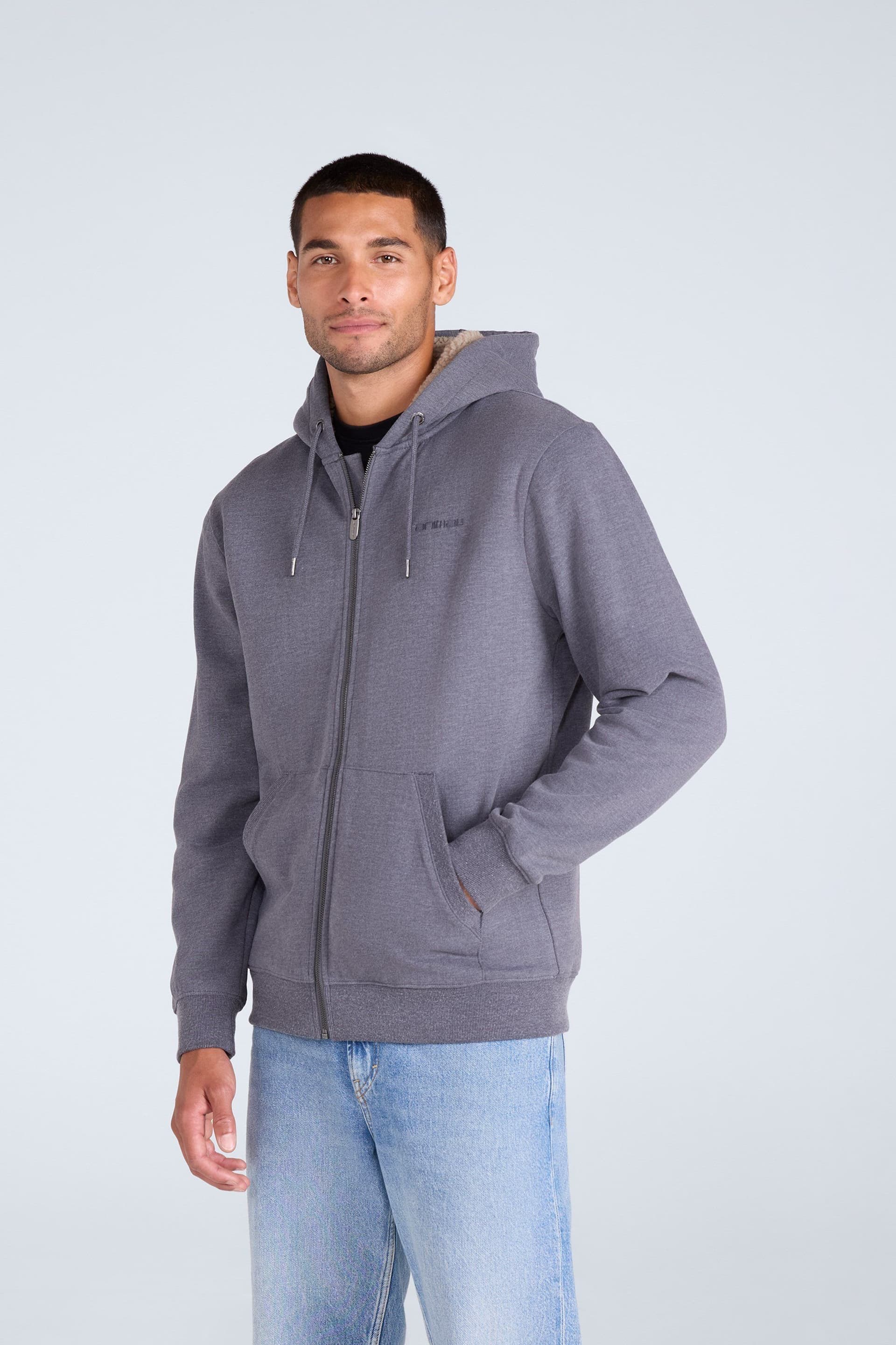 Animal Animal Men's 'Samuel' Full Zip Lightweight Sherpa Lined Cotton Relaxed Fit Hoodie in Charcoal