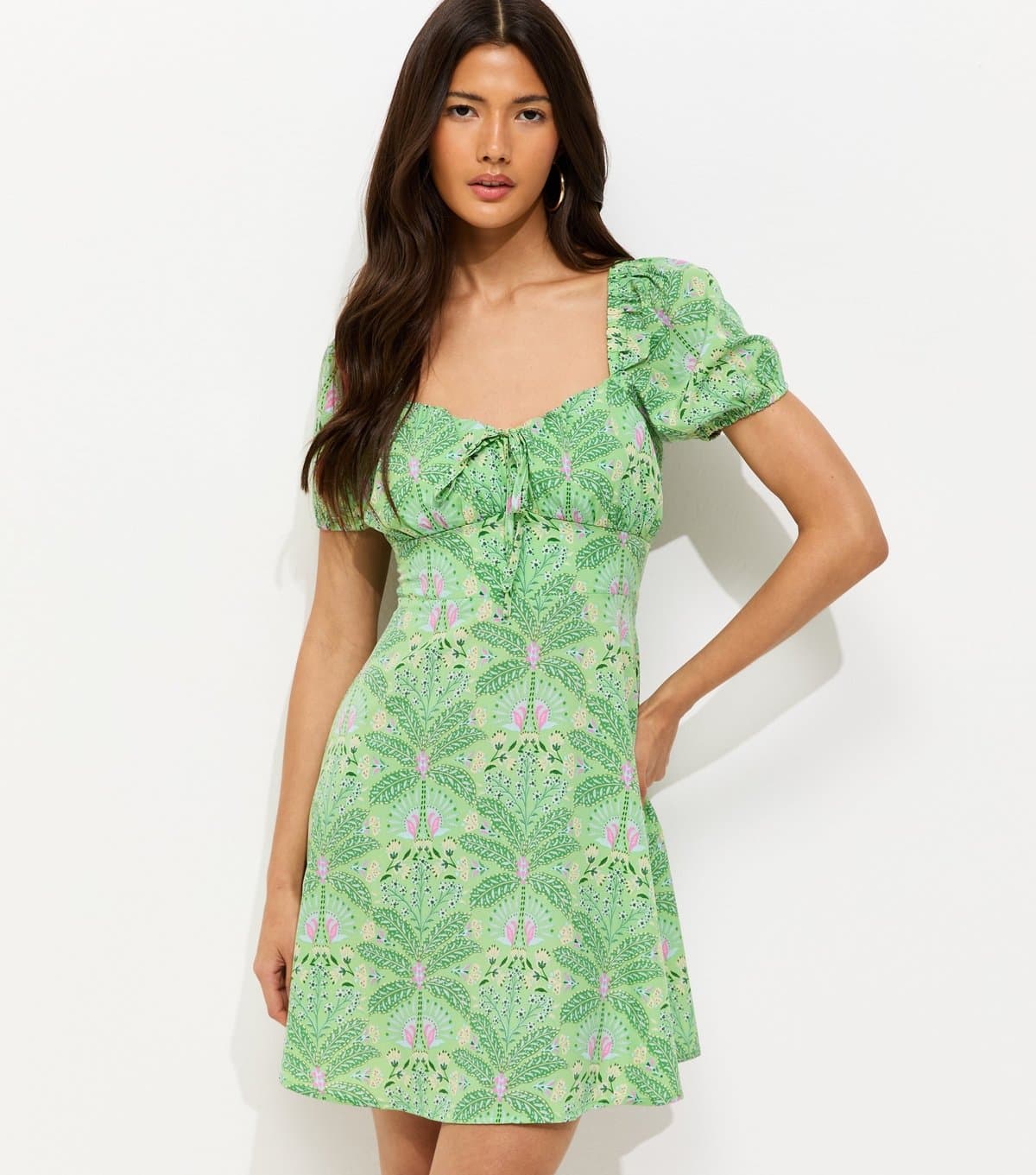 New Look Women's Green Crepe Botanical Print Milkmaid Mini Dress New Look