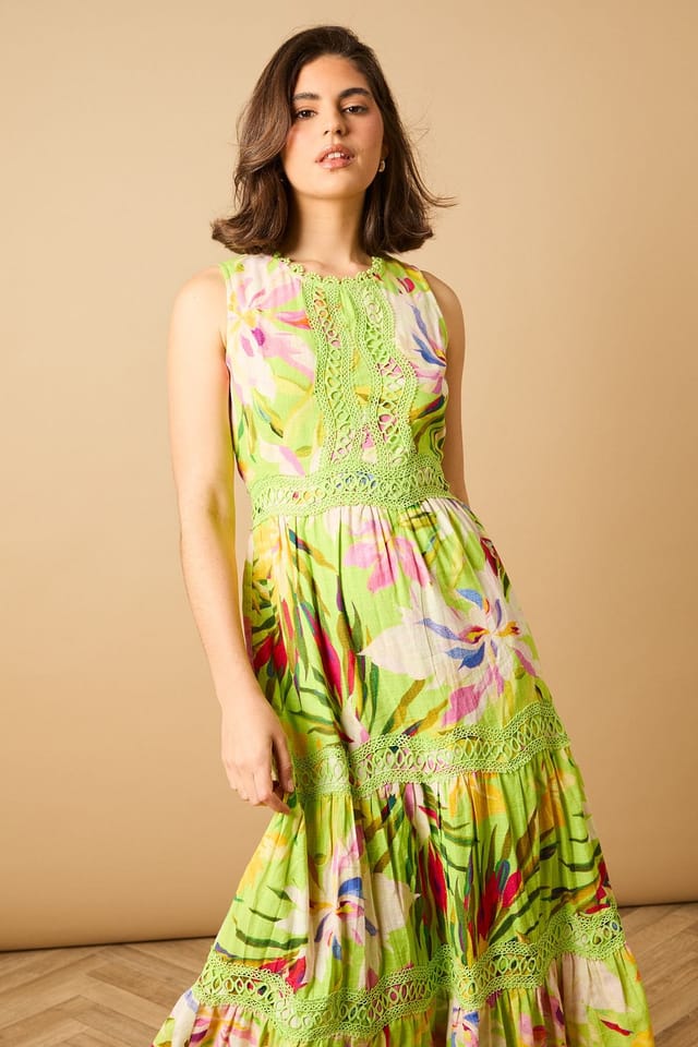 Oasis Oasis Women's Printed Lace Detail Keyhole Tiered Maxi Dress - 2