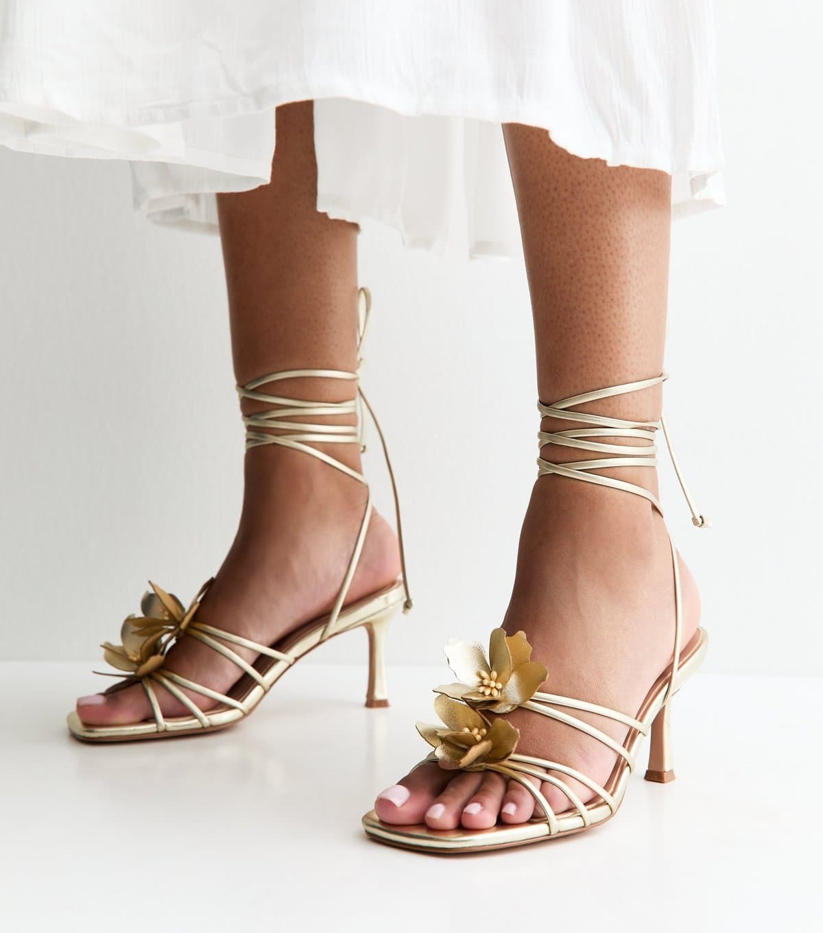 New Look New Look Gold Faux Leather Flower Strap Stiletto Sandals