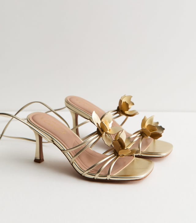 New Look Women's Gold Faux Leather Flower Strap Stiletto Sandals Vegan New Look - 2