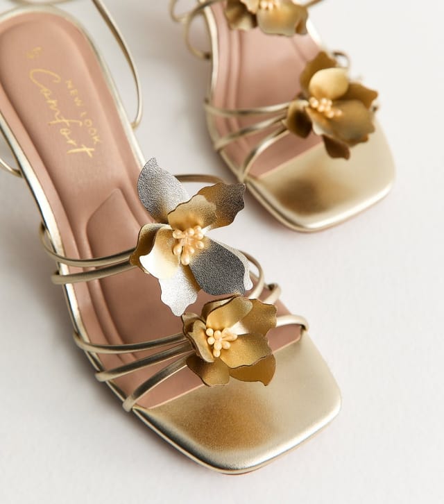 New Look Women's Gold Faux Leather Flower Strap Stiletto Sandals Vegan New Look - 3