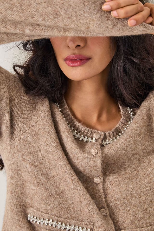 Monsoon Monsoon Women's Evie Embellished Cardigan Mink in Light Brown - 3