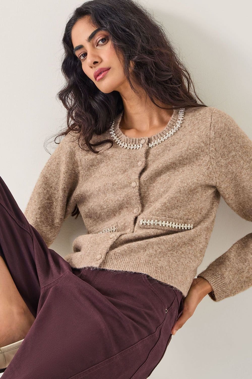 Monsoon Monsoon Women's Evie Embellished Cardigan Mink in Light Brown - 4