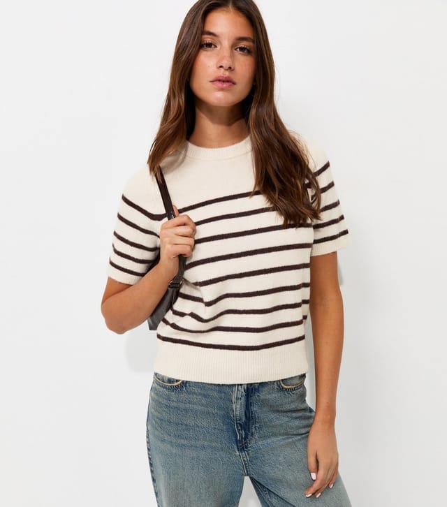 New Look Women's Cream Knitted Horizontal Stripe Set In Sleeve T-Shirt New Look - 2