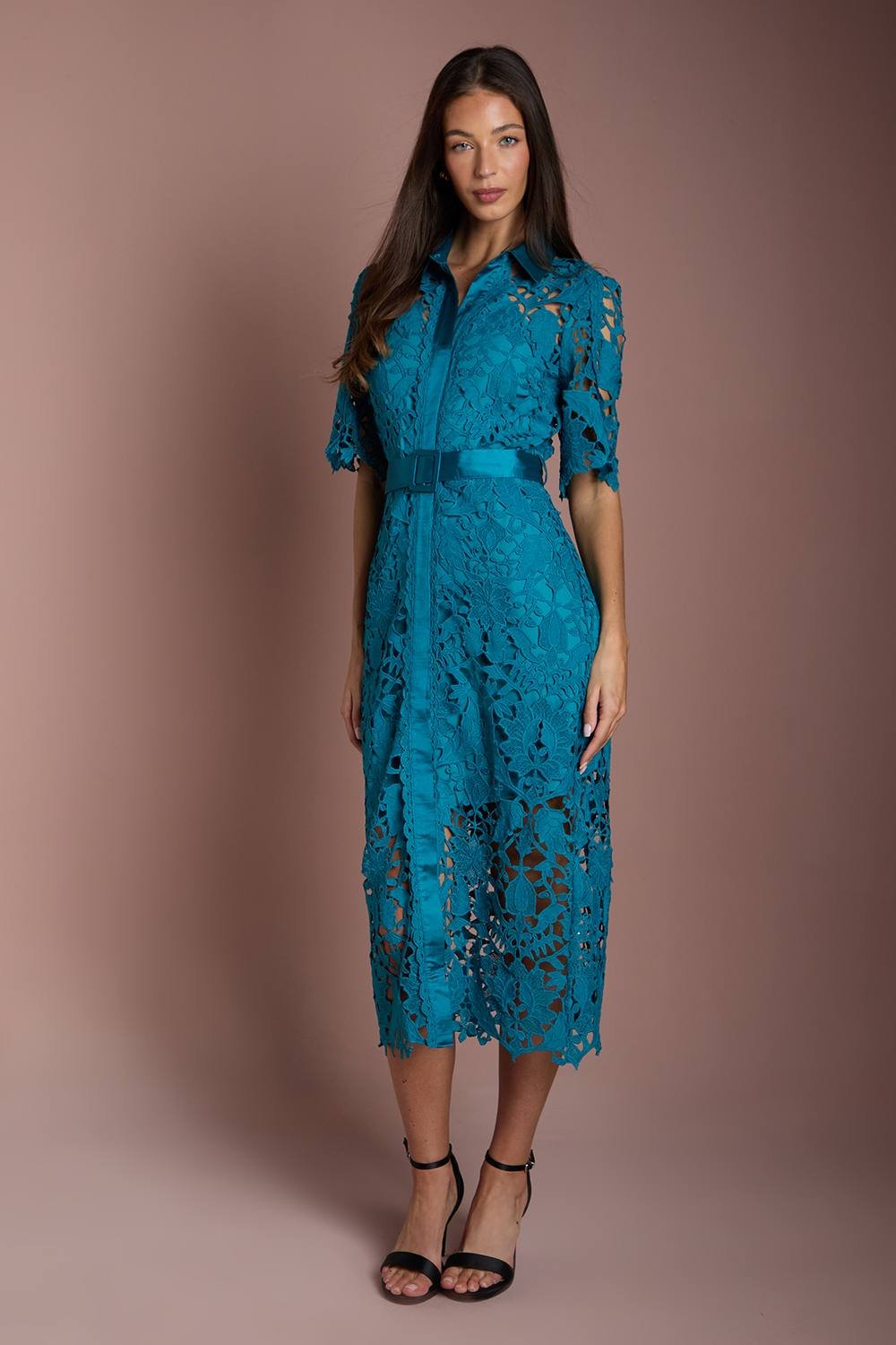 Coast Coast Women's Lace Shirt Dress With Short Sleeves in Teal - 2