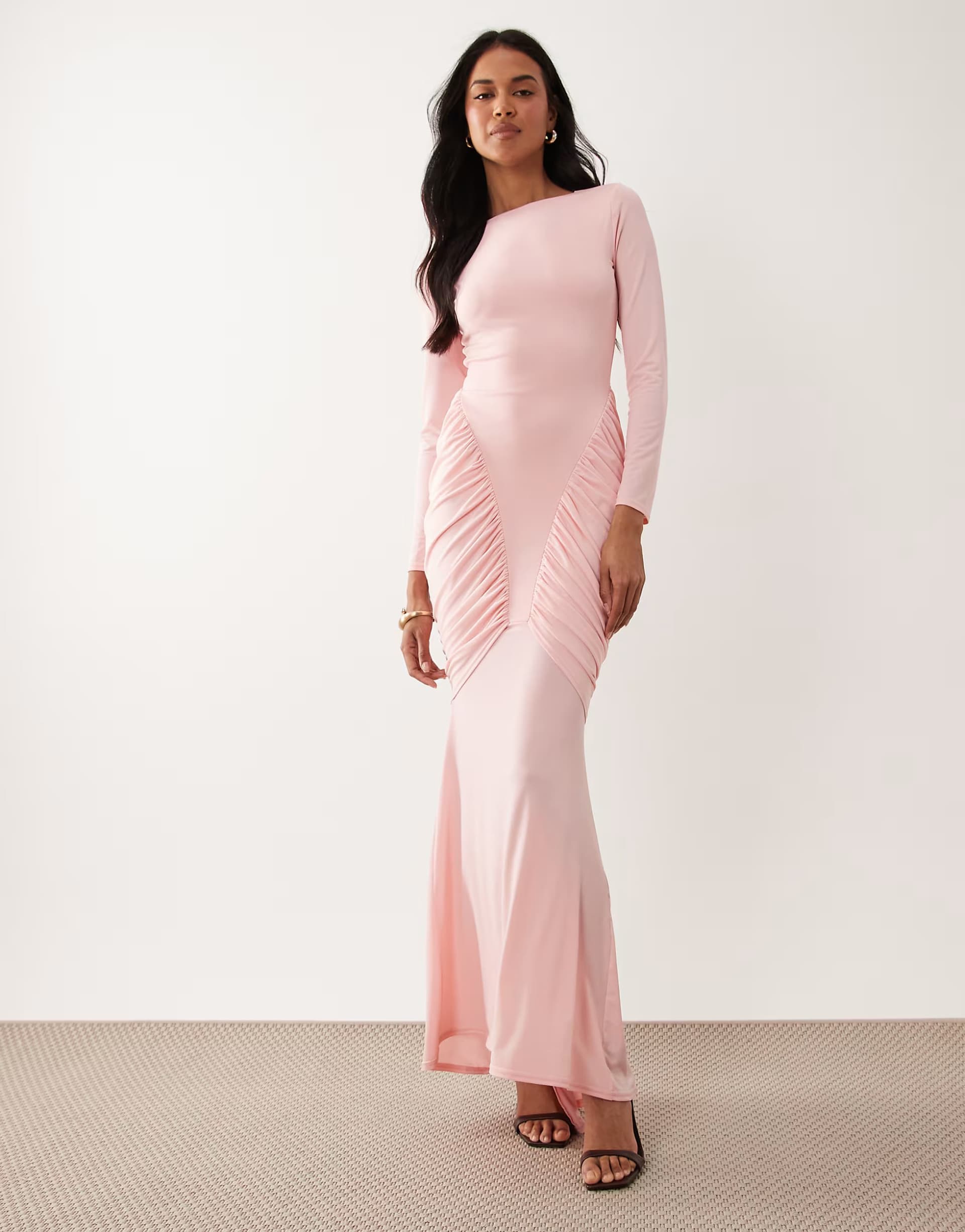 ASOS TFNC slinky ruched detail long sleeve maxi dress in light pink