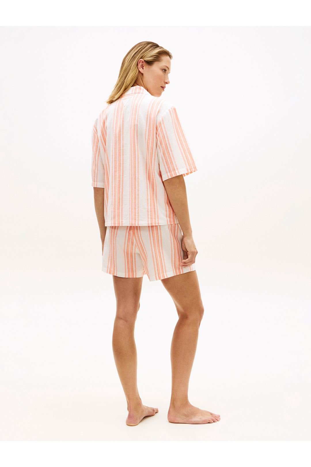 Tommy Hilfiger Tommy Hilfiger Women's Ss Shirt Linen Pj Shorts Set Tennis Court Stripe Peach - 2