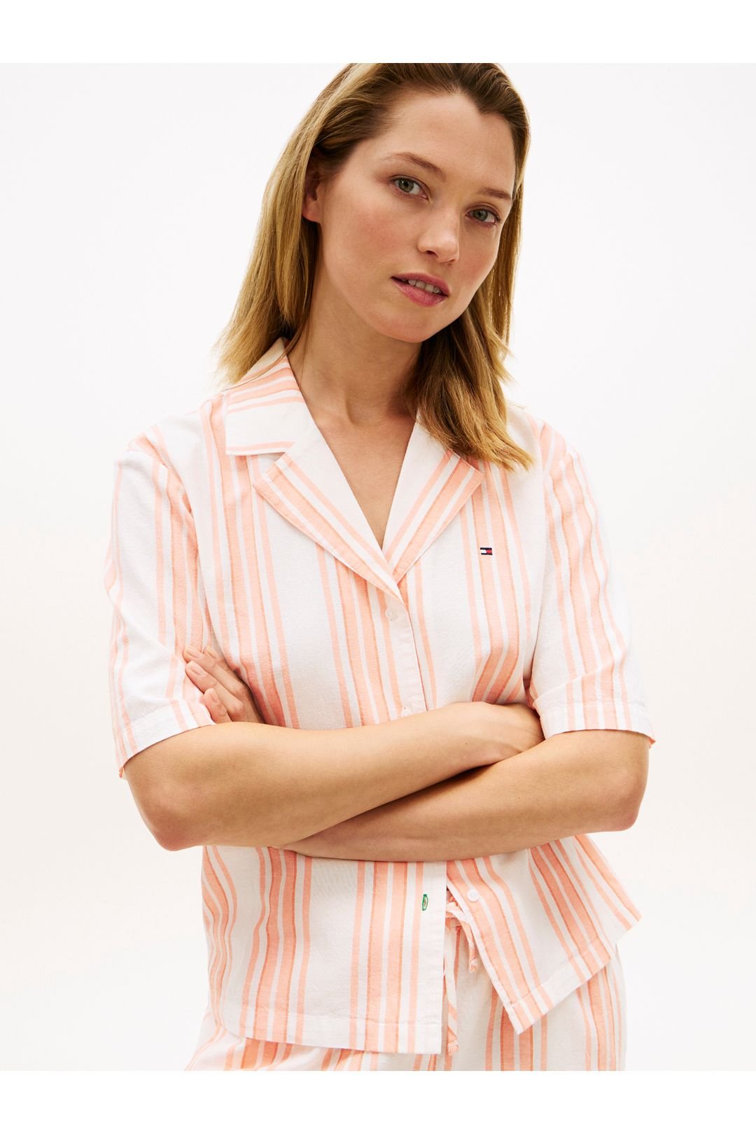 Tommy Hilfiger Tommy Hilfiger Women's Ss Shirt Linen Pj Shorts Set Tennis Court Stripe Peach - 3